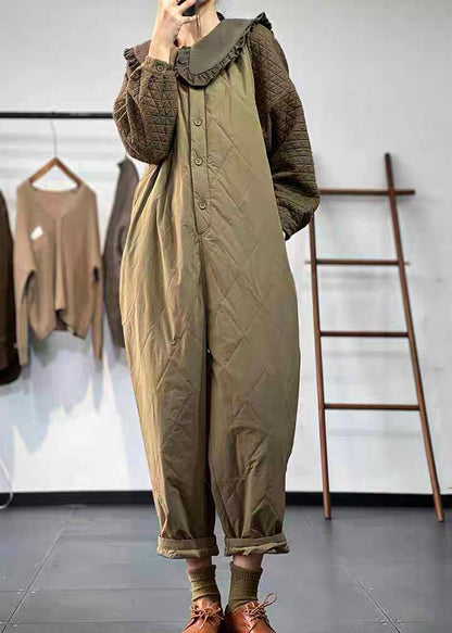 Versatile Green Coffee Button Fine Cotton Filled Jumpsuit Winter