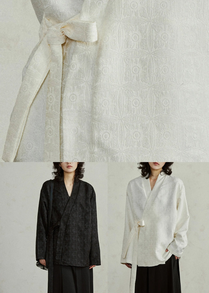Jacquard Beige V Neck Top Long Sleeve