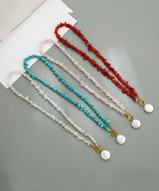 Red Alloy Pearl Asymmetrical Beading Pendant Necklace