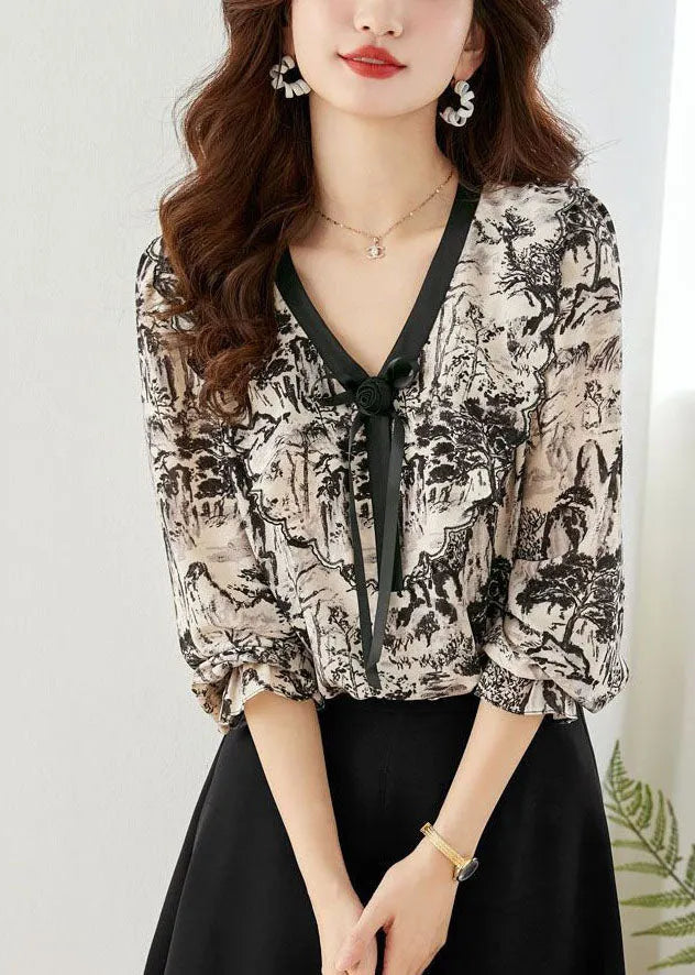 Fitted Black V Neck Tie Dye Chiffon Shirt Tops Lantern Sleeve
