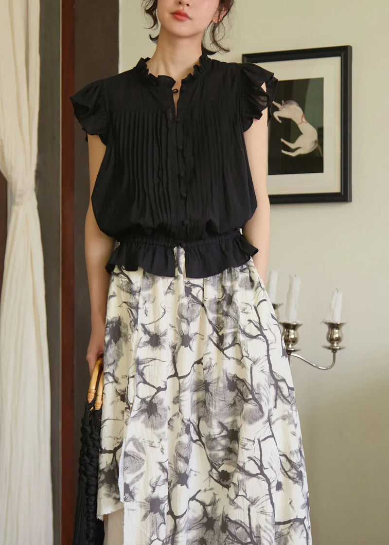 French White Ruffled Button Patchwork Cotton Blouses Summer