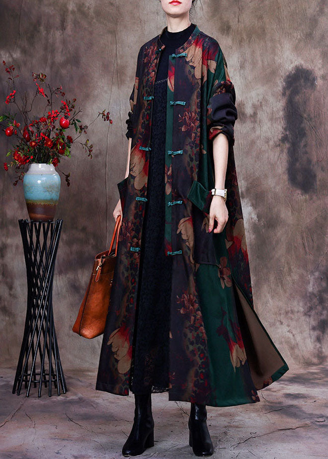 Green Print Patchwork Side Open Oriental Button Cotton Trench Coat Long Sleeve