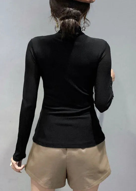 Black Stand Collar Tulle Patchwork Tops Spring