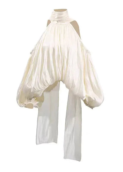 Style Yellow Cold Shoulder Wrinkled Chiffon Shirt Top Lantern Sleeve