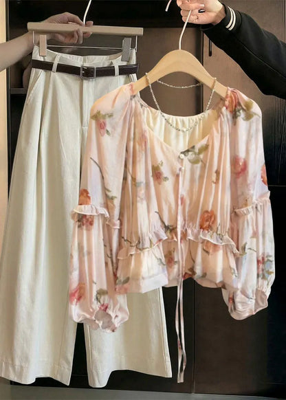 V Neck Tie Lace Print Ruffled Shirts Fall
