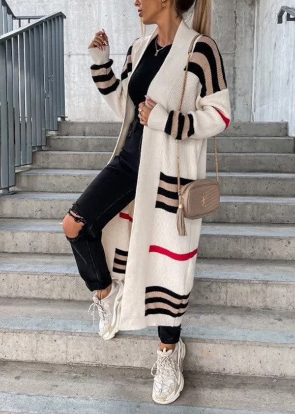 Grey V Neck Striped Knit Cardigan Fall