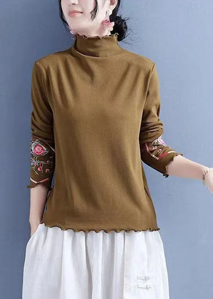 Slim Fit Khaki Ruffled Embroideried Cotton Blouses Spring