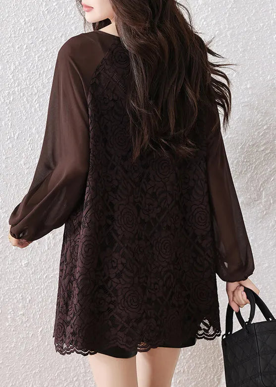 Chocolate Oversized Star Decorated Lace Shirt Tops Fall