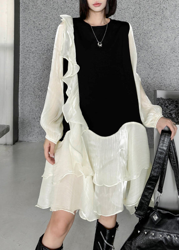 Apricot Ruffled Organza Patchwork Cotton Dress Fall