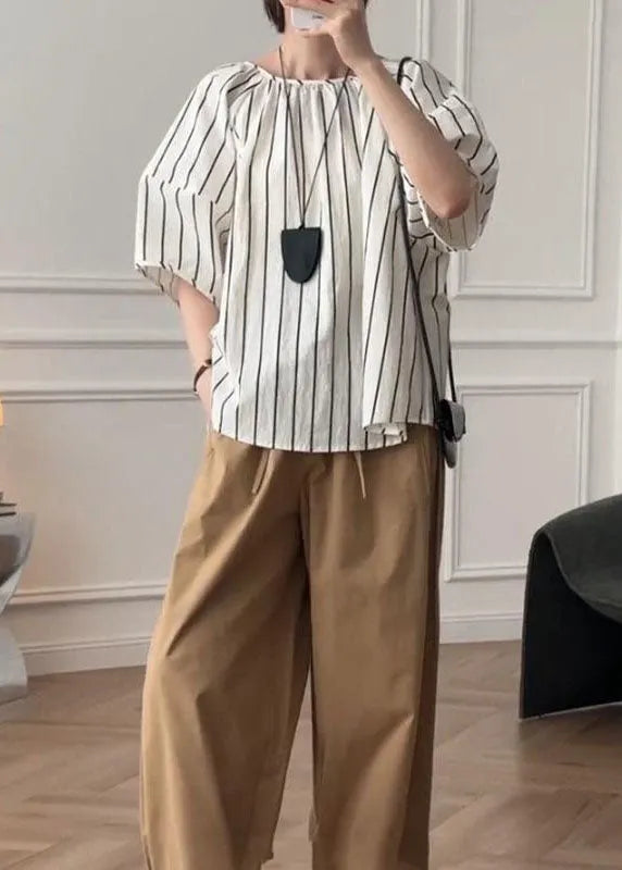 French Puff Sleeve Striped O-neck Cotton Shirt Top