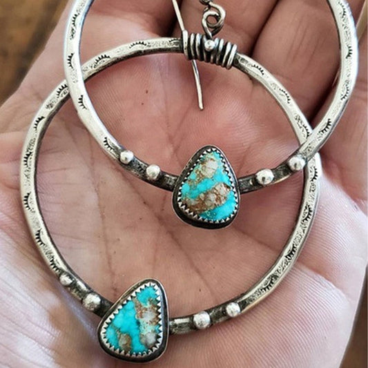 Wisherryy Turquoise Carved Ring Earrings