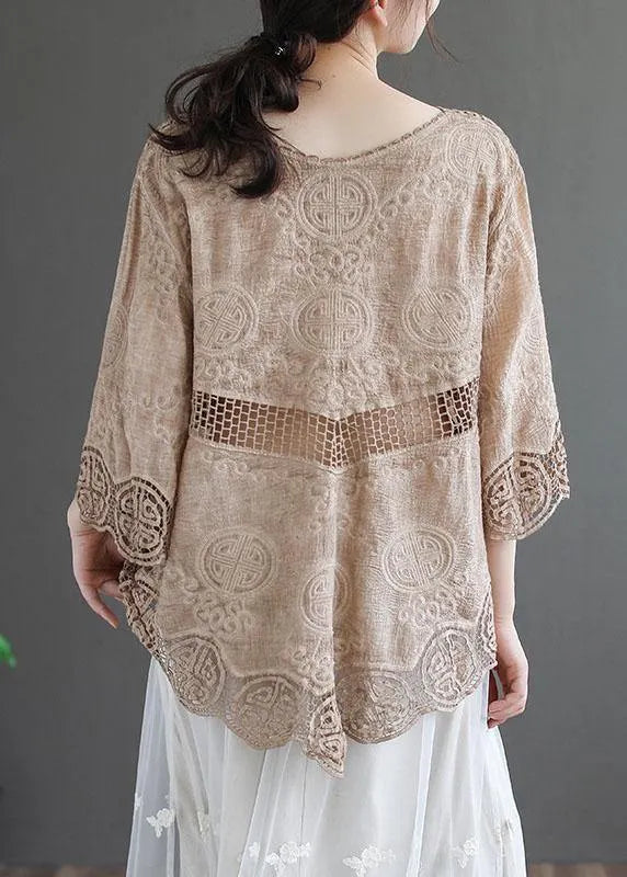 Stylish Khaki O-neck Embroideried Summer Asymmetrical Design Top