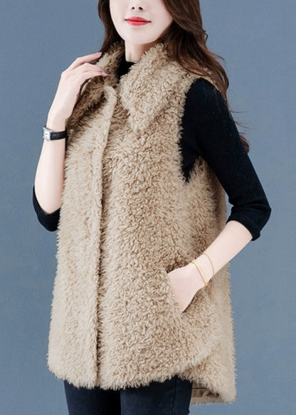 Beige Button Pockets Teddy Faux Fur Waistcoat Sleeveless