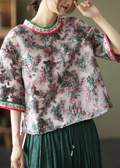 Embroideried Retro O-neck Summer Blouses Half Sleeve