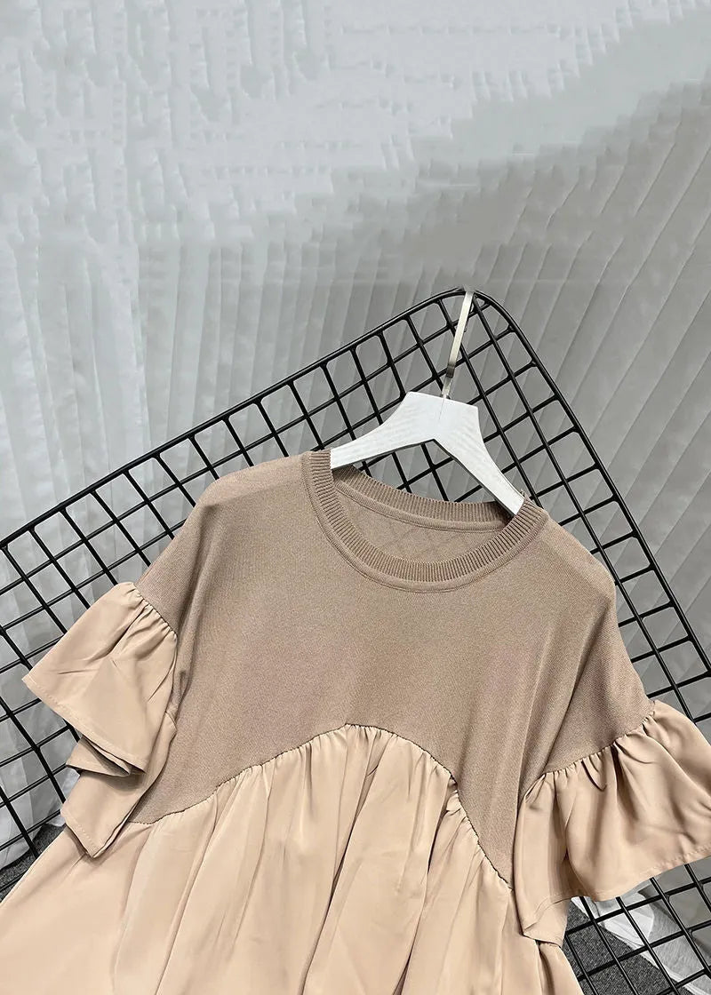 Khaki O Neck Knit Patchwork Chiffon T Shirt Summer