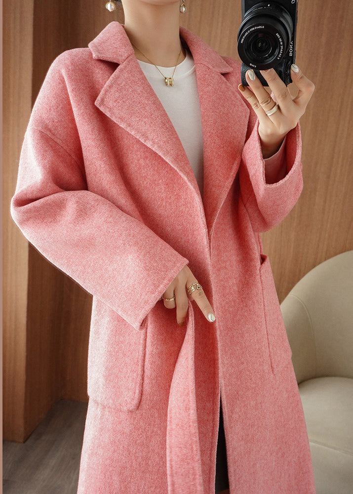 Pink Notched Tie Waist Woolen Maxi Coat Fall