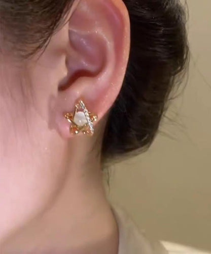 Modern Gold Copper Overgild Zircon Cat's Eye Stud Earrings