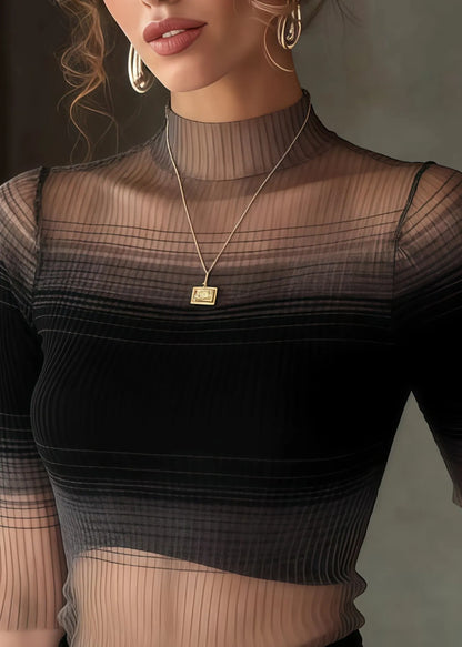 Gradient Black Stand Collar Tulle Tank Half Sleeve