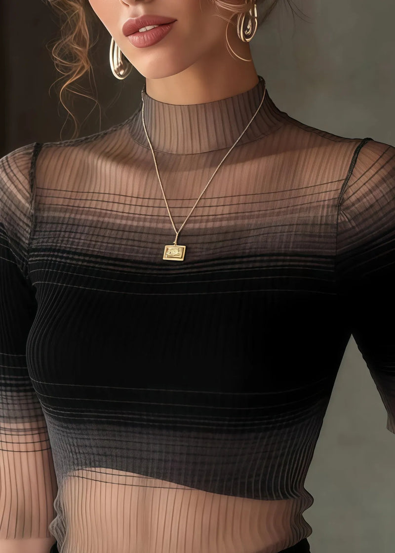 Gradient Black Stand Collar Tulle Tank Half Sleeve