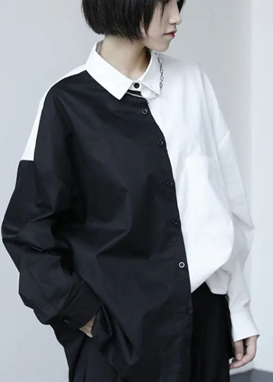 French Black Patchwork White Button Fall Long Sleeve Shirt Tops