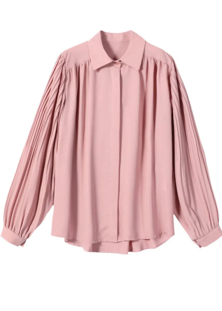 Pink Cinched Peter Pan Collar Chiffon Shirt Tops Spring