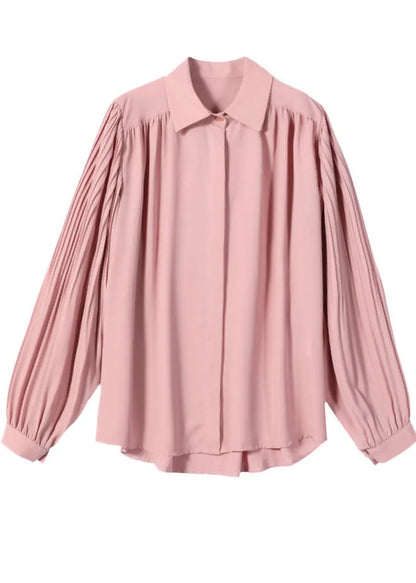 Pink Cinched Peter Pan Collar Chiffon Shirt Tops Spring