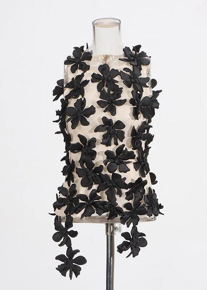 Black Decorated Tulle Tops Sleeveless