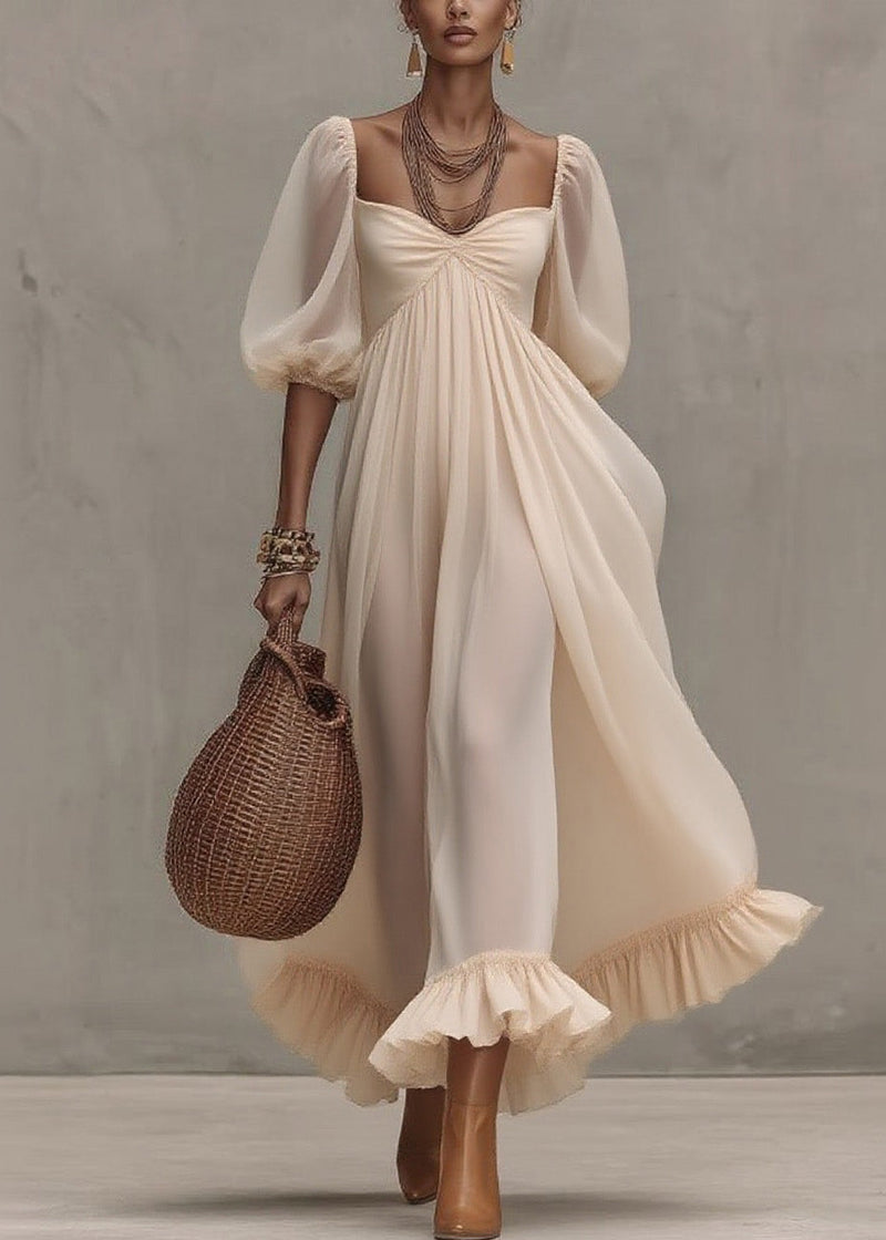 Boutique Beige Ruffled Puff Sleeve Patchwork Chiffon Dresses