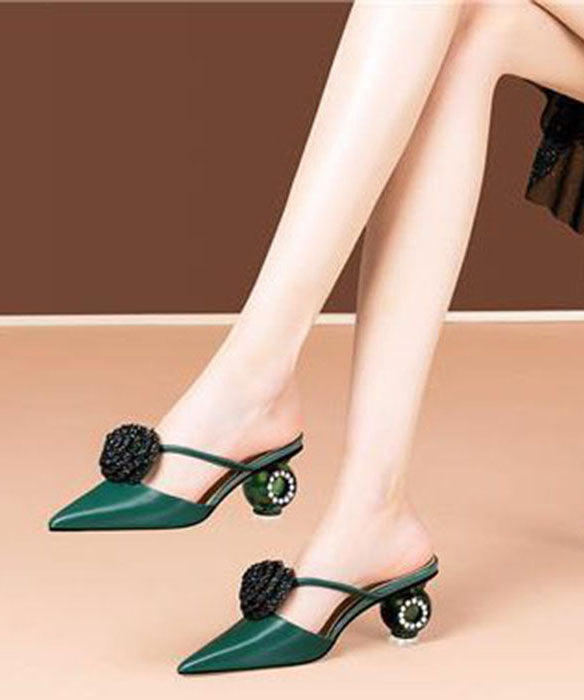 Soft Pointed Toe Chunky Green Satin Upper Slide Sandals