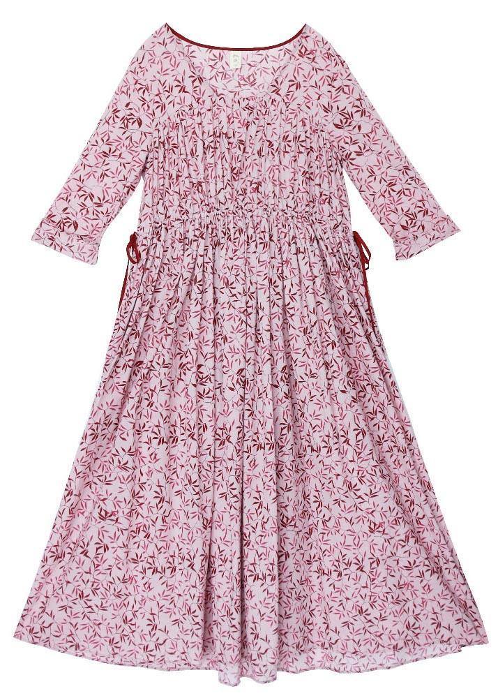 Pink Purple Print Cinched Cotton Pockets Summer Long Dresses