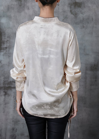 Champagne Jacquard Asymmetrical Design Silk Shirt Tops Fall