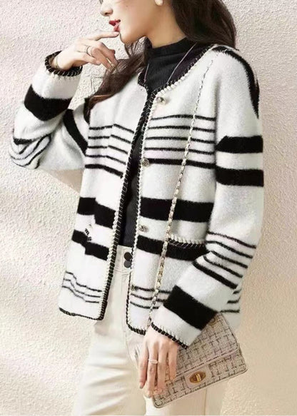 French Black O Neck Striped Mink Hair Knitted Coat Fall