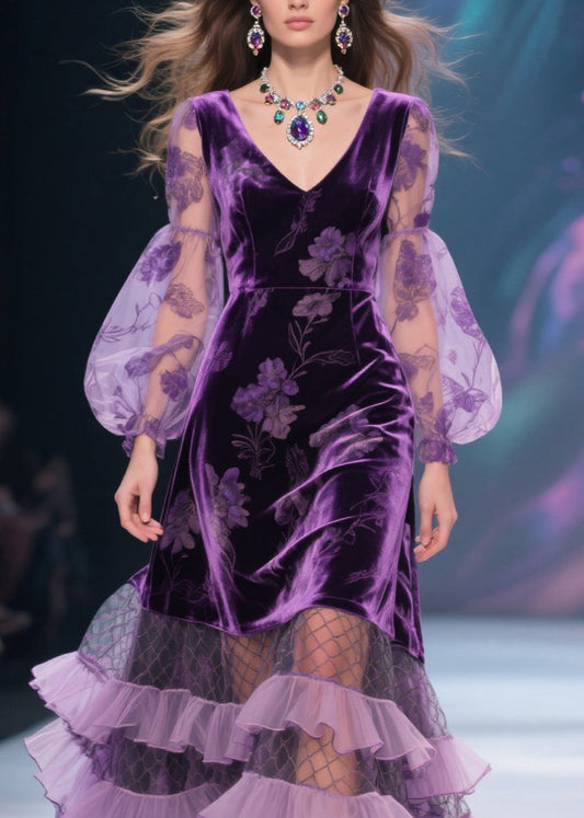 Italian Purple V Neck Print Tulle Ruffled Velvet Dress Fall