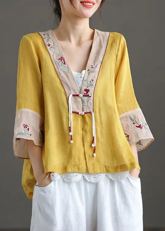 Yellow V Neck Embroideried Cotton Linen Blouse Tops Bracelet Sleeve