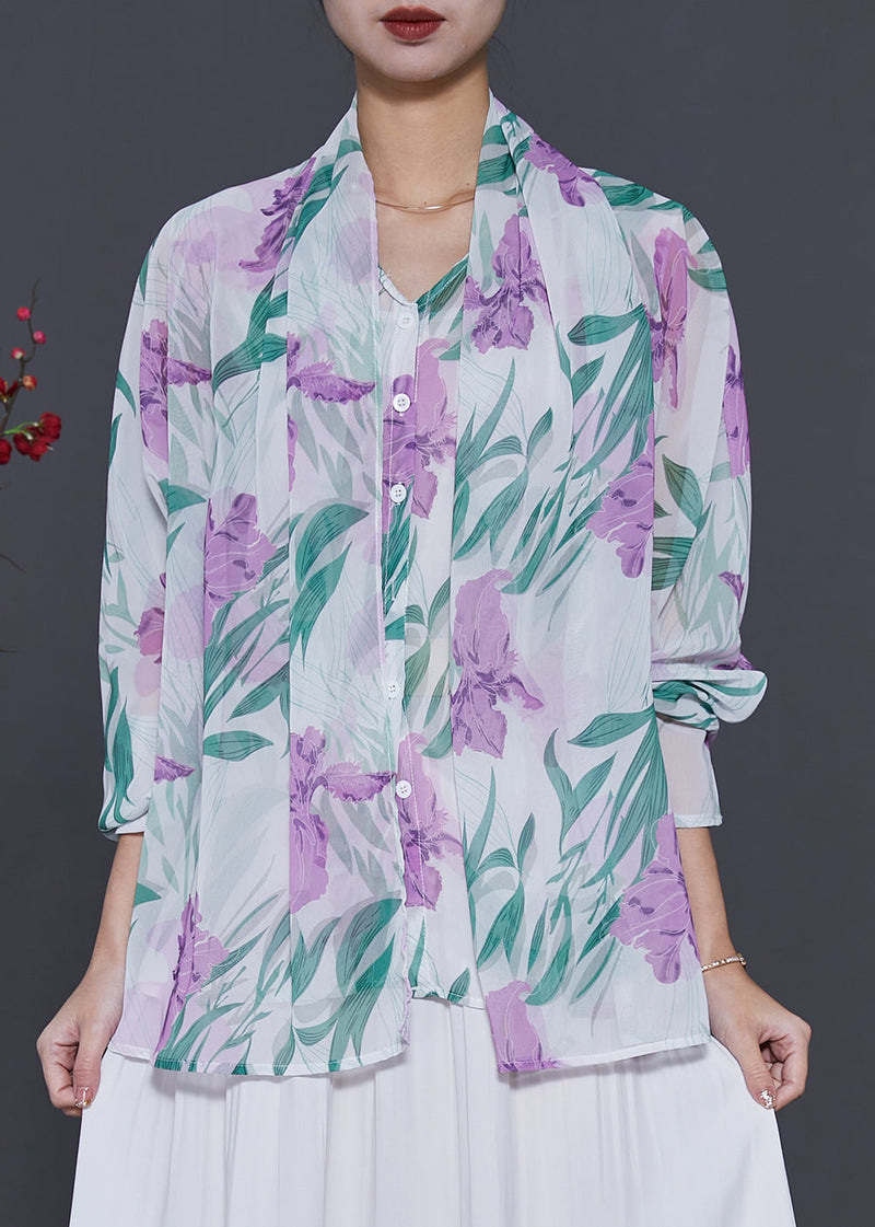 White Tulip Print Chiffon Fake Two Piece Shirt Spring