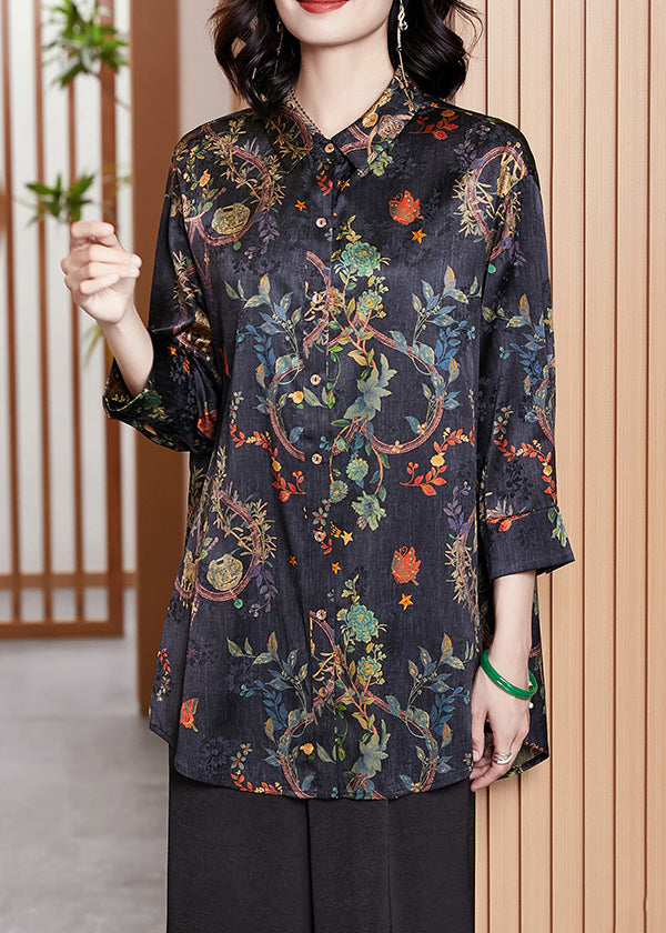 Navy Print Button Patchwork Silk Shirt Tops Fall
