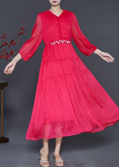Classy Red Ruffled Silk Beach Dresses Spring
