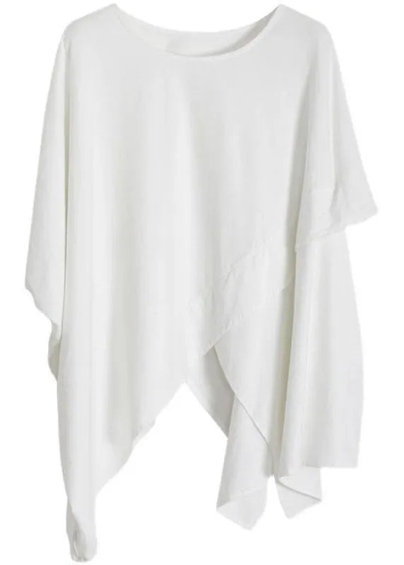 Organic White O Neck Asymmetric Cotton Tops