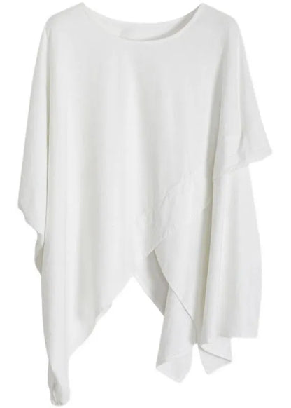Organic White O Neck Asymmetric Cotton Tops