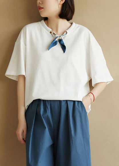 White O-neck Drawstring Bow Cotton Tank Short Sleeve