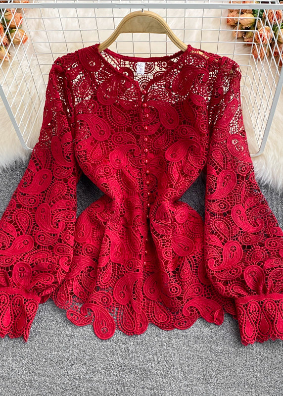 French Blue O-neck Hollow Out Tunitc Lace Top Long Sleeve