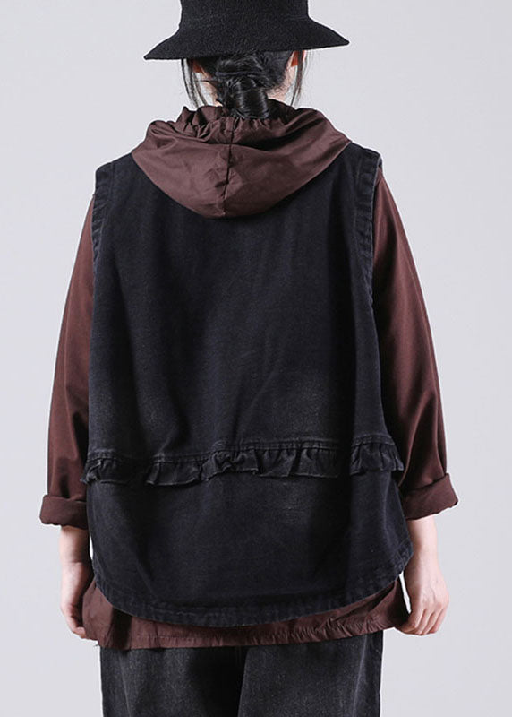 Black Stand Collar Pockets Button Fall Sleeveless Waistcoat
