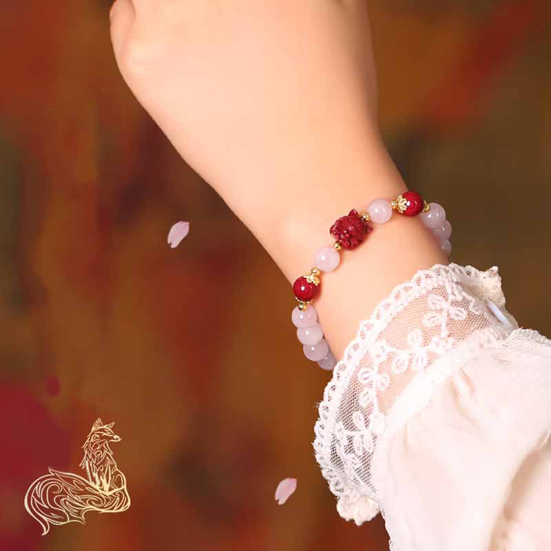 Buddha Stones Natural Pink Crystal Cinnabar Nine Tailed Fox Love Bracelet