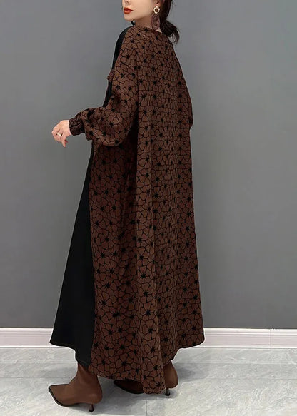 Brown O Neck Wrinkled Print Patchwork Cotton Long Dresses Fall