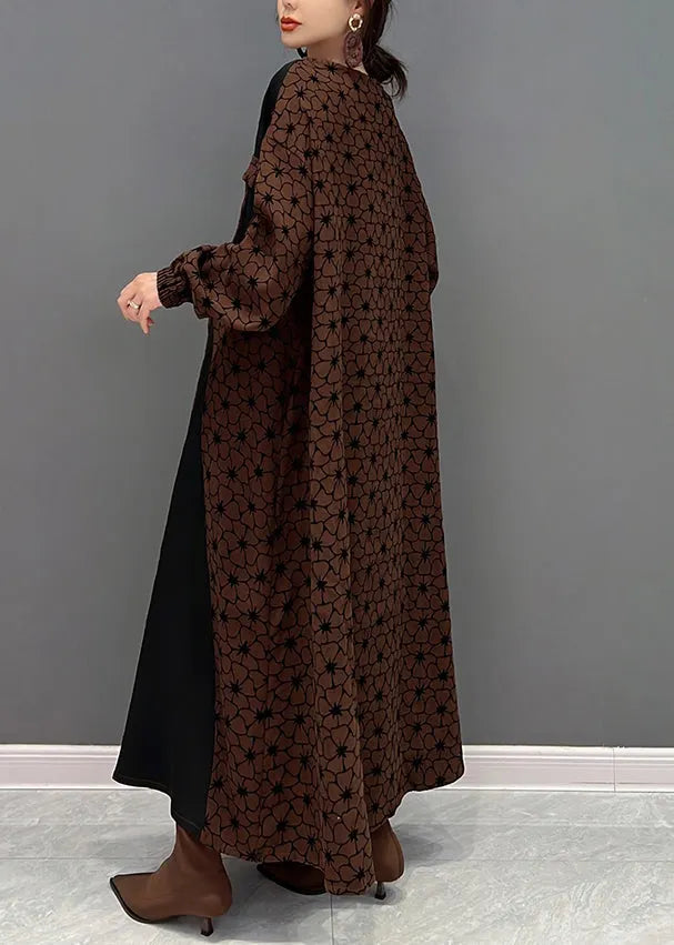 Brown O Neck Wrinkled Print Patchwork Cotton Long Dresses Fall