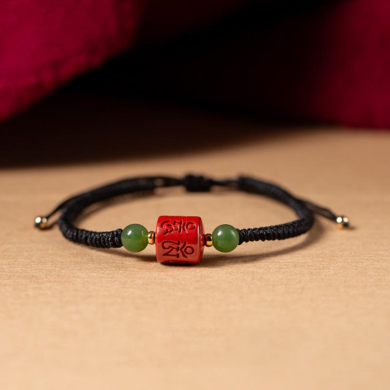 Buddha Stones Tibetan Cinnabar Om Mani Padme Hum Engraved Blessing Braided Rope Bracelet