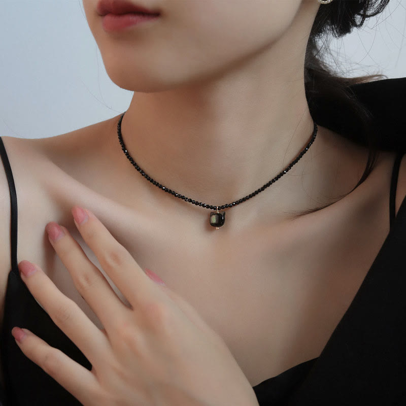 Buddha Stones Black Spinel Cat Motivate Choker Necklace