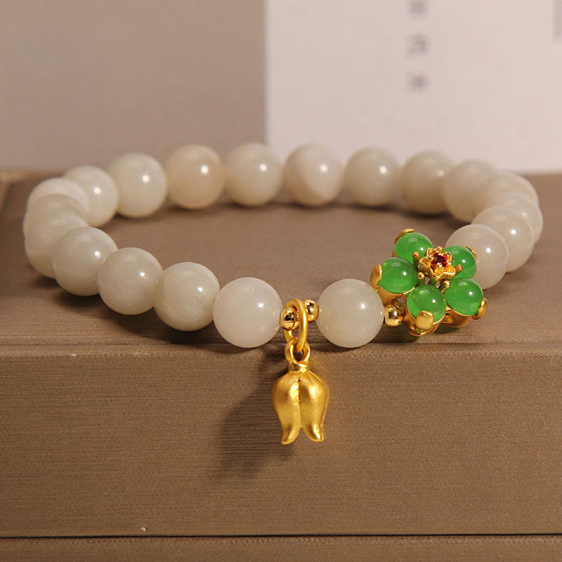 Buddha Stones Natural Jade Green Flower Lily of the Valley Luck Bracelet