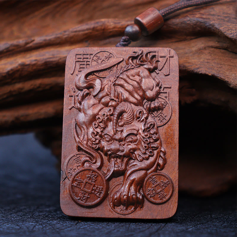 Buddha Stones Natural Lightning Struck Jujube Wood Pixiu Copper Coin Good Fortune Necklace Pendant