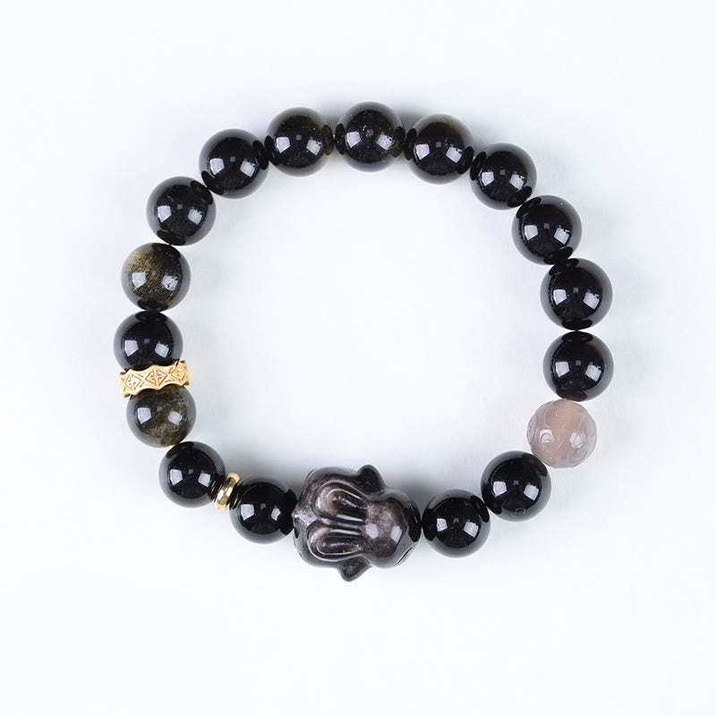 Buddha Stones Gold Sheen Obsidian Black Obsidian Silver Sheen Obsidian Rabbit Protection Bracelet